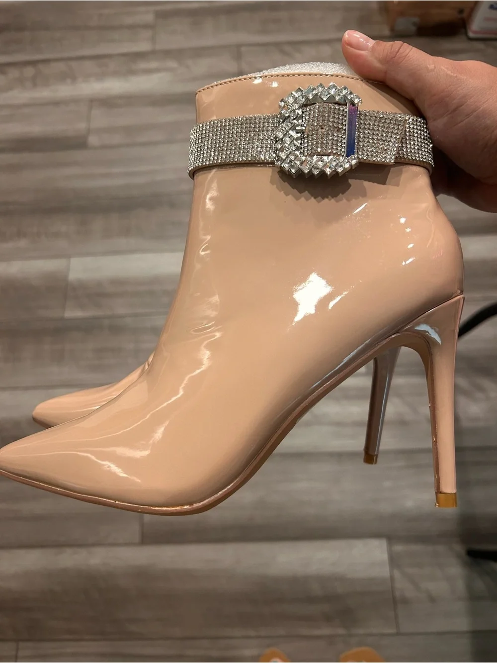Nude Patent Rhinestone Buckle Ankle Bootie